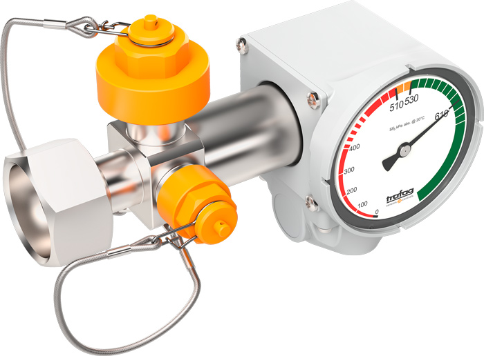 Graphic: Trafag gas density monitor combined version with integrated DN8 test valve and DN20 filling valve.