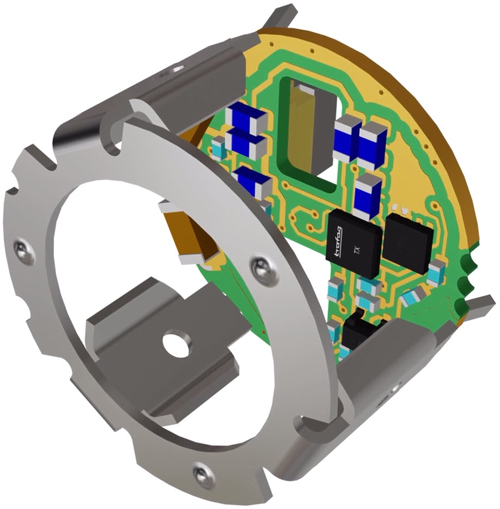 The Application Specific Integrated Circuit (ASIC) is connected to the PCB via solder points (black cube marked "trafag" and "TX"). It corrects and amplifies the measured signals.