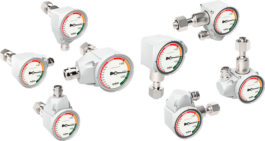 Different variants of Trafag gas density monitors: Optimum accessibility for every installation position with modular design in axial (left) and radial (right) versions, with connections in the angular positions 0&deg;, 90&deg;, 180&deg; and 270&deg;.