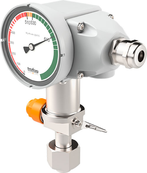 Trafag gas density monitor: Integrated valves enable testing,  service and filling in situ.