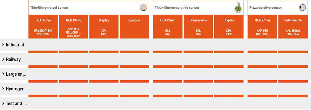 Table of the Trafag pressure transmitter portfolio