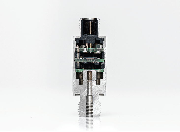 Cross section through a pressure transmitter. Due to relative pressure transmitters, the inside space above the measuring membrane must, be connected to the environment, that pressure equalization to the atmosphere can take place.