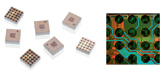 L&rsquo; ASIC TX di Trafag con struttura a segnali misti paralleli (a sinistra). I particolari del chip sono visibili al microscopio (a destra).